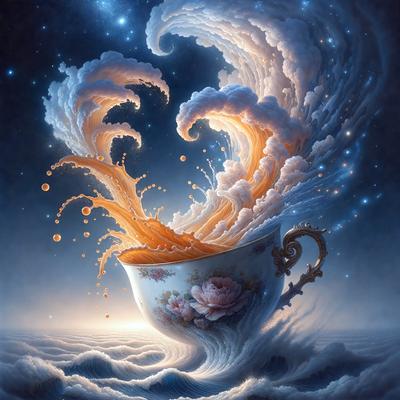 The primary subject of the image is a cup of tea, which is the main object, scene, or focus of the image. The cup is placed in a setting with clouds and a starry sky in the background. The visual style of the image is digital art, as it is a detailed and intricate illustration. The dominant colors in the image are orange and white, which create a warm and inviting atmosphere.